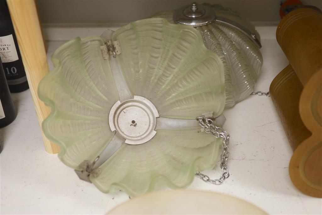 A pair of Art Deco style wall lights, a pair of similar shell plaffoniers and a hanging light